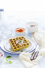 Green Gram Lentil Waffles with Coconut Chutney and Red Bell Pepper Chutney
