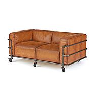 Brown Leather Sofa on Wheel Frame
