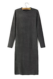 Long Sleeve Knitted Midi Dress with Side Split in Grey