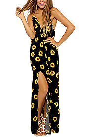 Sunflower Print Backless Cami Maxi Dress With Split