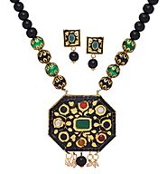 Wedding Special Indian Traditional Kundan and Navratan studded Black Onyx Beaded Necklace set for Women & Girls