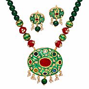 Wedding Special Indian Traditional Navratana Studded Green Onyx Beaded Necklace Set for Women & Girls