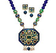 Wedding Special Indian Traditional Navratana Studded Blue Onyx Beaded Necklace Set for Women & Girls