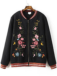 Black Embroidery Contrast Trim Zipper Jacket