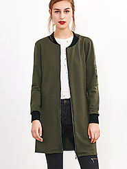 Army Green Contrast Trim Zip Up Long Jacket