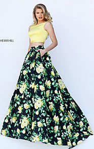 Sherri Hill 50401 Two Piece Boat Neckline Yellow/Black 2017 Long Floral Printed Prom Dresses