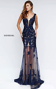 Sherri Hill 50256 Lace Applique V Neckline 2016 Navy Beaded Embellishments Long Evening Gown