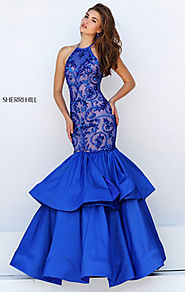 Beaded Patterned Royal Halter Neckline Satin Long Tiered Evening Gown 2016