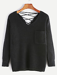 Black Lace Up Back Pocket Front Sweater
