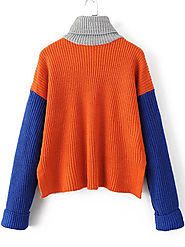 Orange Color Block Turtleneck Side Slit Sweater