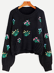 Black Drop Shoulder Lantern Sleeve Flower Embroidery Sweater