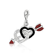 Valentine’s Day Romantic Open Heart Charm - Double Open Heart with Arrow Crystal Charm in Sterling Silver
