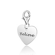 Flat Believe Inspiration Heart Charm in Sterling Silver