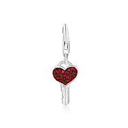 Heart Key Charm in Red Crystal and Sterling Silver