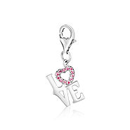 LOVE Block Letters Charm with Pink Crystal Heart in Sterling Silver