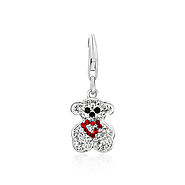 Teddy Bear with Heart Charm with Red and White Crystals in Sterling Silver