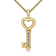 Heart Key Pendant for Her| 14K Yellow Gold Love Key Diamond Pendant