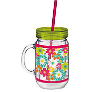 Cypress Home 20 oz. Floral Flower Double Walled Mason Jar Insulated Cup with Straw