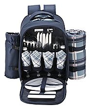 VonShef - 4 Person Blue Tartan Picnic Backpack With Cooler Compartment, Detachable Bottle/Wine Holder, Fleece Blanket...