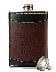 8oz Stainless Steel Primo 18/8 #304 Brown/Black PU Leather Premium/Heavy Duty Hip Flask Gift Set - Includes Funnel an...
