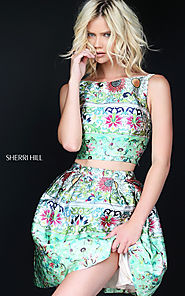 2017 Sexy Sherri Hill 50854 Two Piece Green Printed Prom Gown