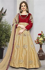 Exquisite Maroon And Beige Embroidered Art Silk Anarkali Style Outfit