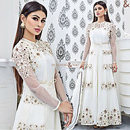 Chic White Embroidered Georgette Celebrity Mouni Roy Suit