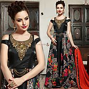 Heavenly Black Embroidered Silk Long Indian Gown Dress