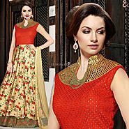 Decent Beige,Red Embroidered Silk Indian Designer Evening Gown