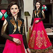 Alluring Pink,Black Embroidered Silk Indian Party Wear Gown