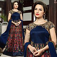 Elegant Blue Embroidered Silk Long Indian Designer Gown