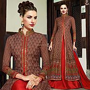 Pleasing Brown Embroidered Silk Designer Indo Western Gown