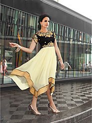 Buy Long Kurtis - Western Style Black And Off-white Kurti Online for 1399 Rs.@ FleAffair