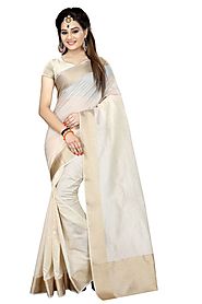 Indian Women Fashion White Cottan Silk Kanjivaram Style Saree