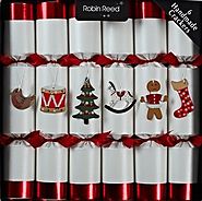 Set of 6 Luxury Christmas Crackers - White and Red Toy Chest Design by Robin Reed