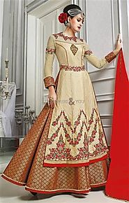 Smashing Beige Embroidered Silk Lehenga Dress For Lovely Ladies