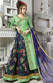 Exquisite Green And Blue Embroidered Silk Indo Western Outfit For Fashionistas