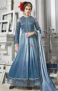 Artistic Blue Embroidered Silk Indo Western Dress For Fashionables