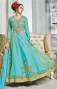 Divine Blue Embroidered Silk Indian Anarkali For Ladies