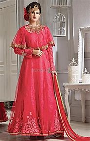 Irresistible Pink Embroidered Silk Cape Style Anarkali Suit For Girls
