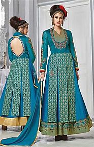 Stunning Blue Embroidered Silk Long Anarkali For Women