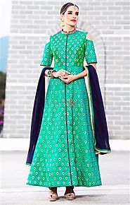 Pleasing Green Embroidered Silk Party Wear Suit For Women