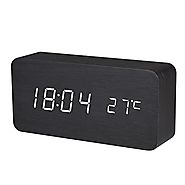 BALDR Wooden Digital Alarm Clock, Displays Time and Temperature, Voice Control, Black, White Light