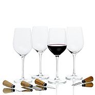 Wine Science Set of 4 Wide Mouth Glasses with 4 Cheese Knives - Mouth Blown Premium Crystal Glassware 19 oz
