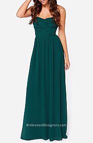 Simple Dark Green Long Chiffon Strapless Bridesmaid Dress