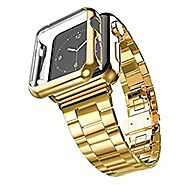 Apple Watch Band with Plated Protect Case, NUJIA Solid Stainless Steel Watch Strap, Metal Replacement Wrist Band with...