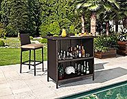 Ulax Furniture 3Pcs Patio Outdoor Wicker Bar Set with Stools, Table1 Cushioned Stool2
