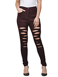 Castle Wine Solid Polyester Rayon Lycra Distressed Pants