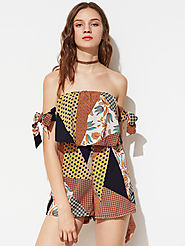 Flounce Layered Bow Tie Detail Patchwork Romper $15 @ SheIn