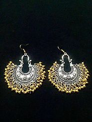 Afghani Golden Red And Blue Chandbali Oxidized Earrings